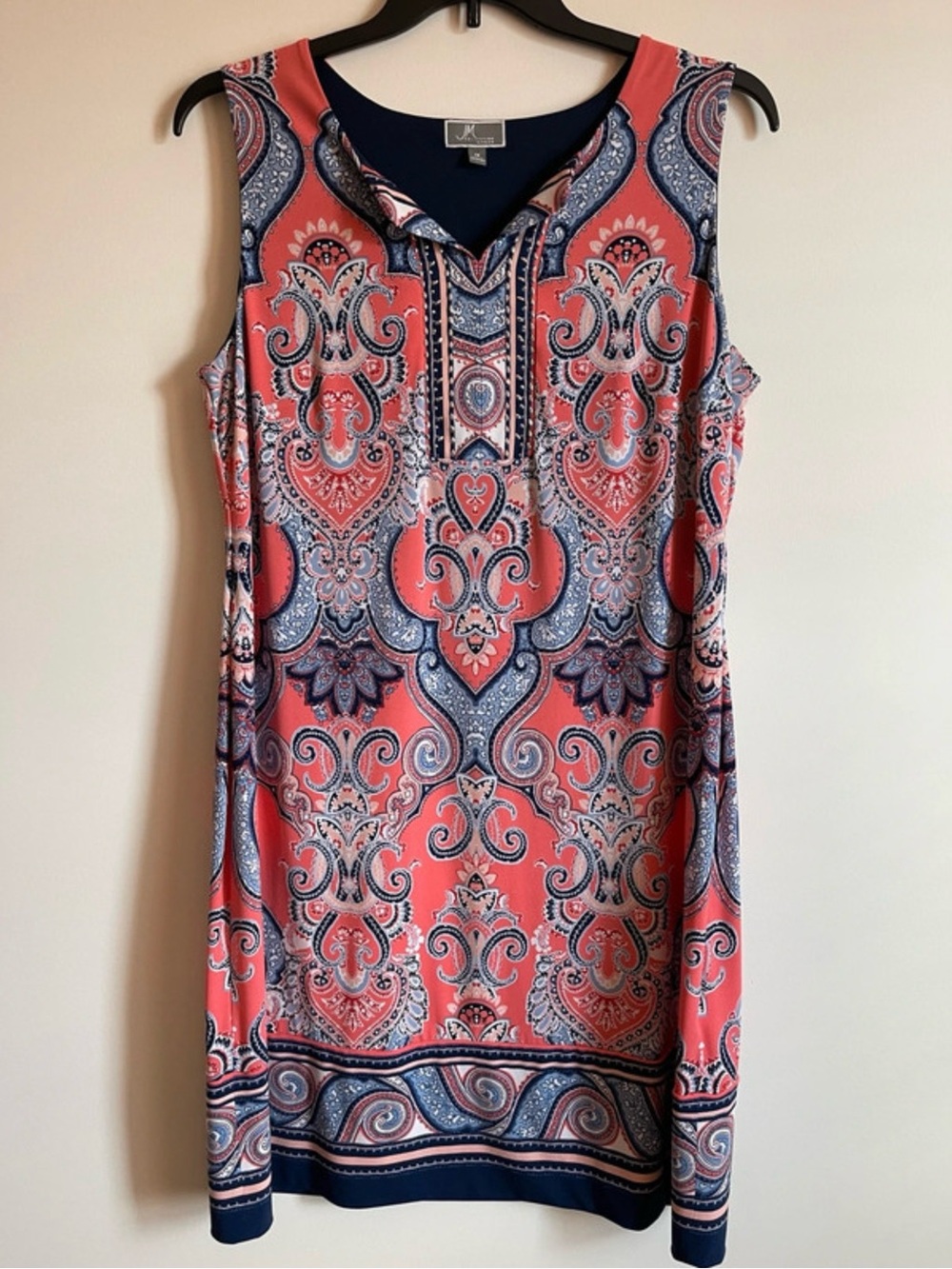 JM Collection Shift Dress, Navy with Coral and Cream Paisley Accents, 1X